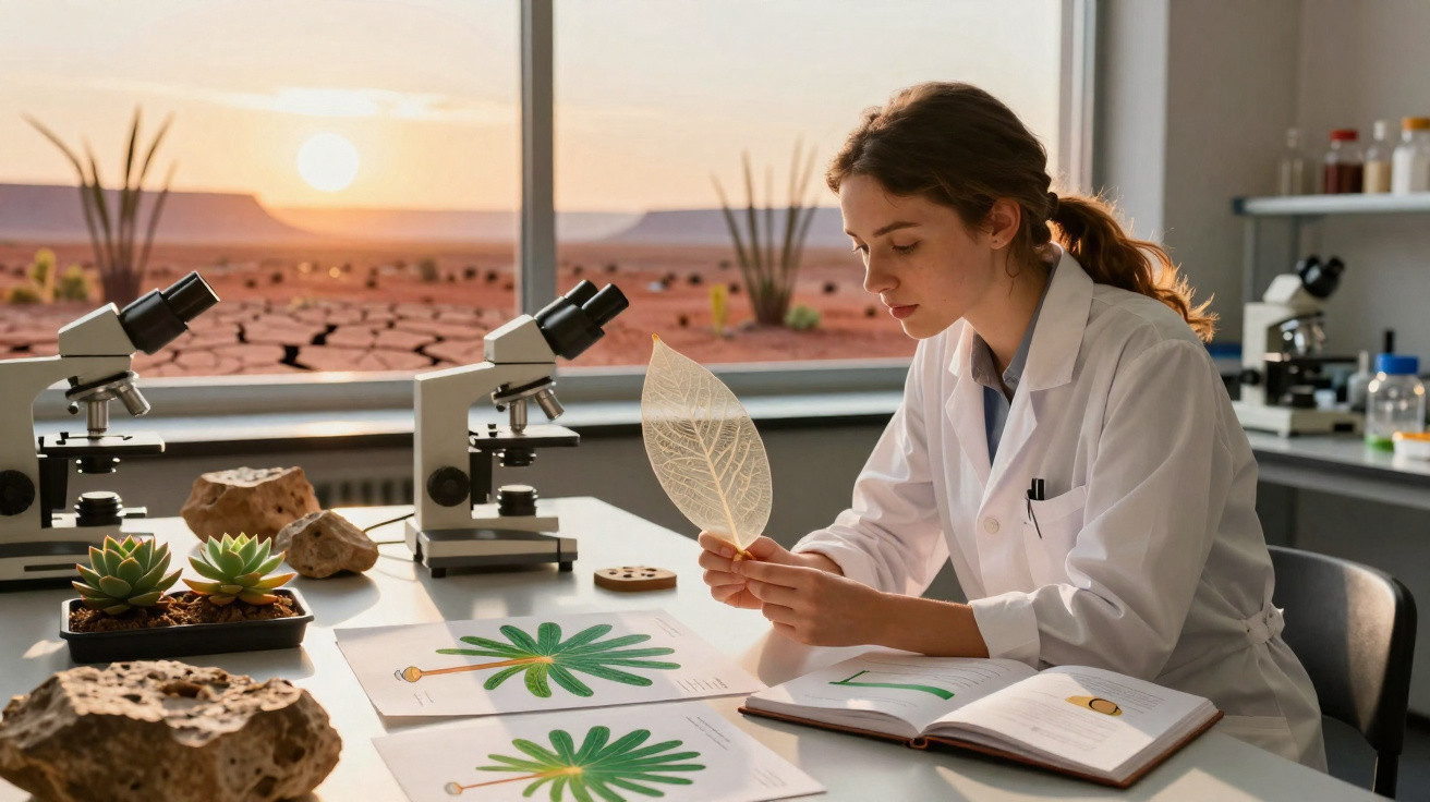 Cientista em laboratório a analisar uma folha transparente com microscópios e desenhos de plantas na mesa ao pôr do sol.