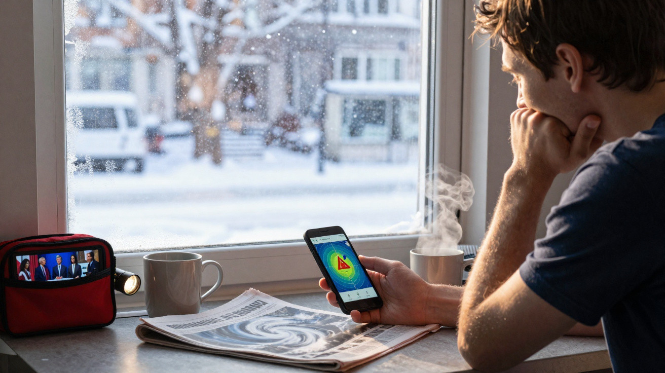 Homem vê alerta de tempestade no telemóvel junto a janela com neve, café quente e jornal numa mesa.