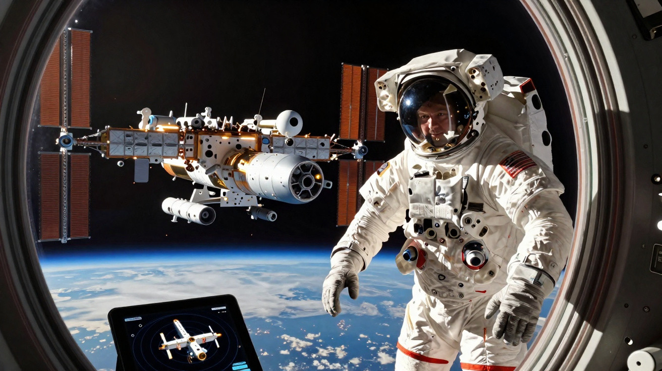 Astronauta em fato espacial fora da estação espacial com a Terra ao fundo vista do interior.
