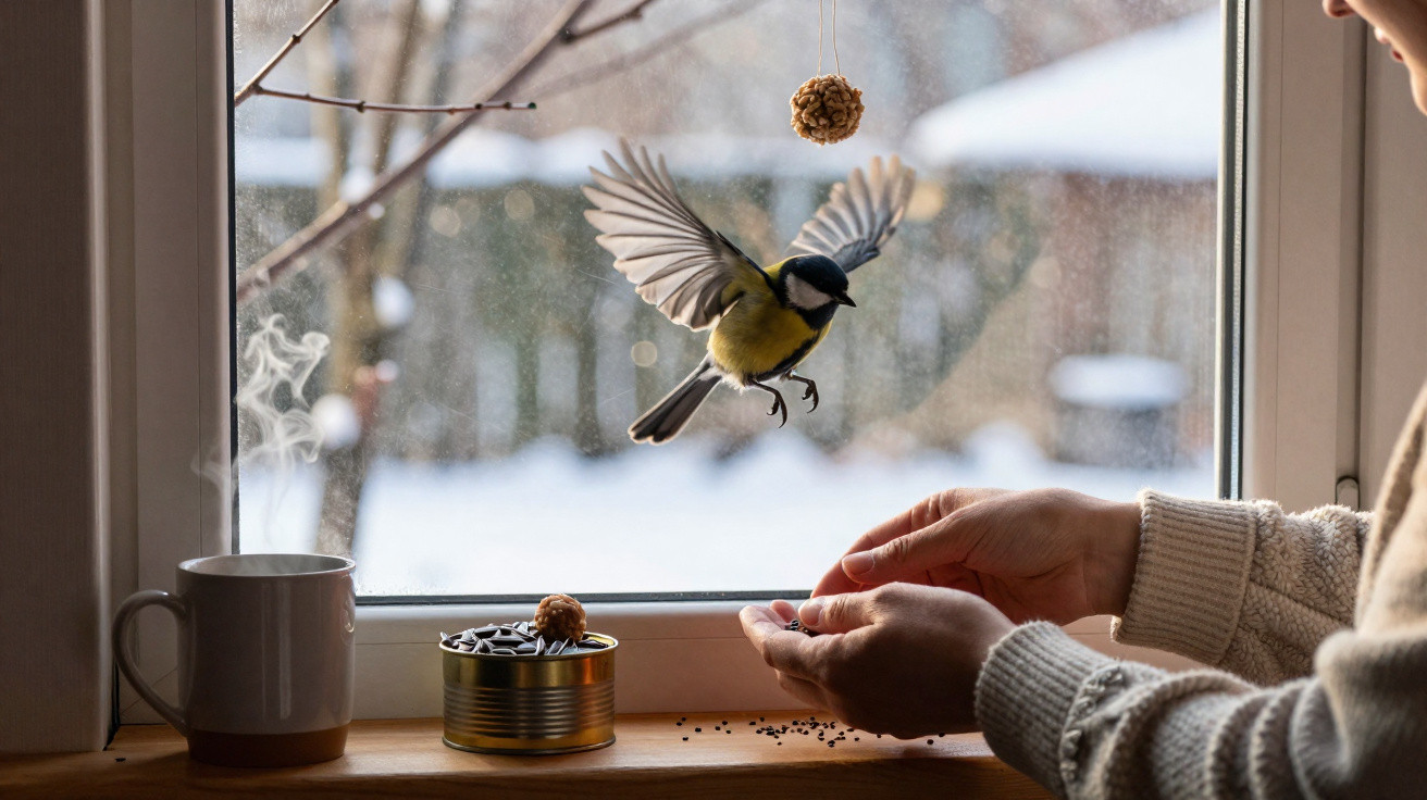 Pássaro em voo junto a janela enquanto pessoa segura comida para aves num ambiente de inverno.