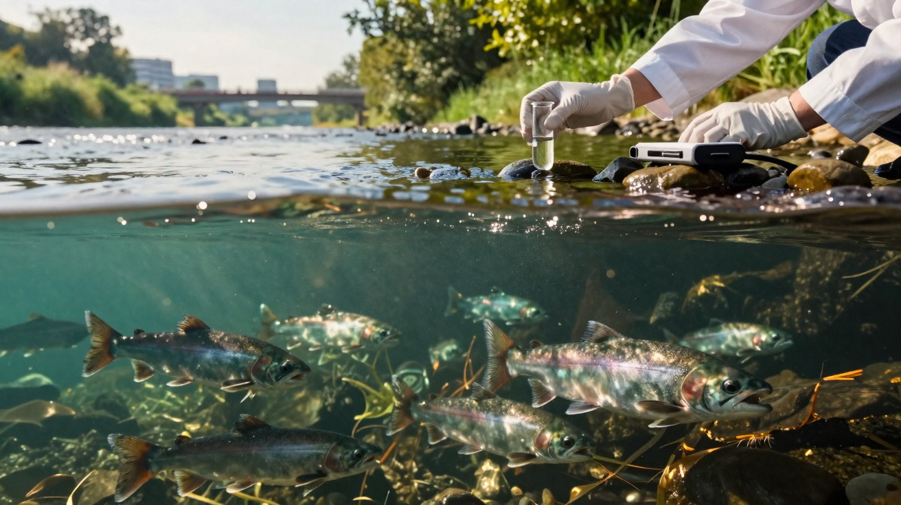 Pessoa com luvas coleta amostra de água de rio com peixes e vegetação subaquática.