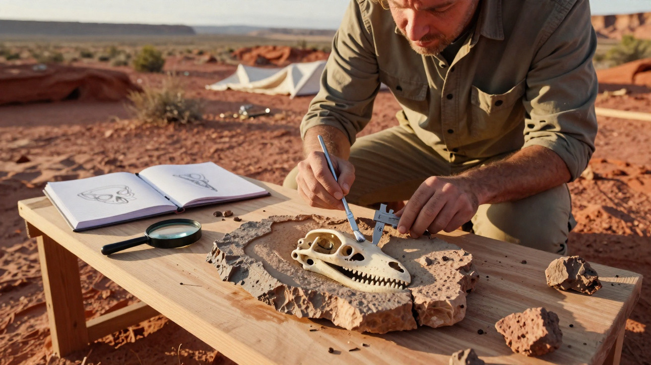 Paleontólogo a escavar e analisar um crânio fóssil numa mesa ao ar livre no deserto.