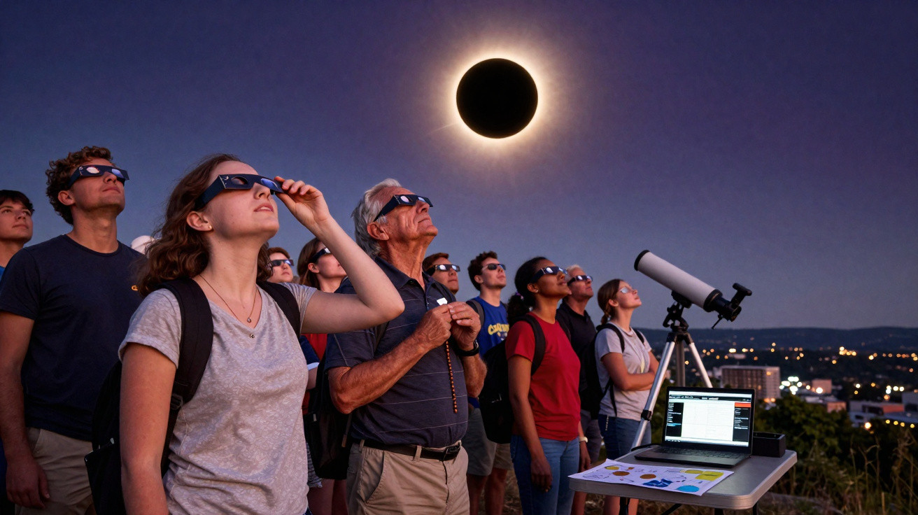 Grupo de pessoas de óculos especiais a observar um eclipse solar com telescópio e computador ao entardecer.