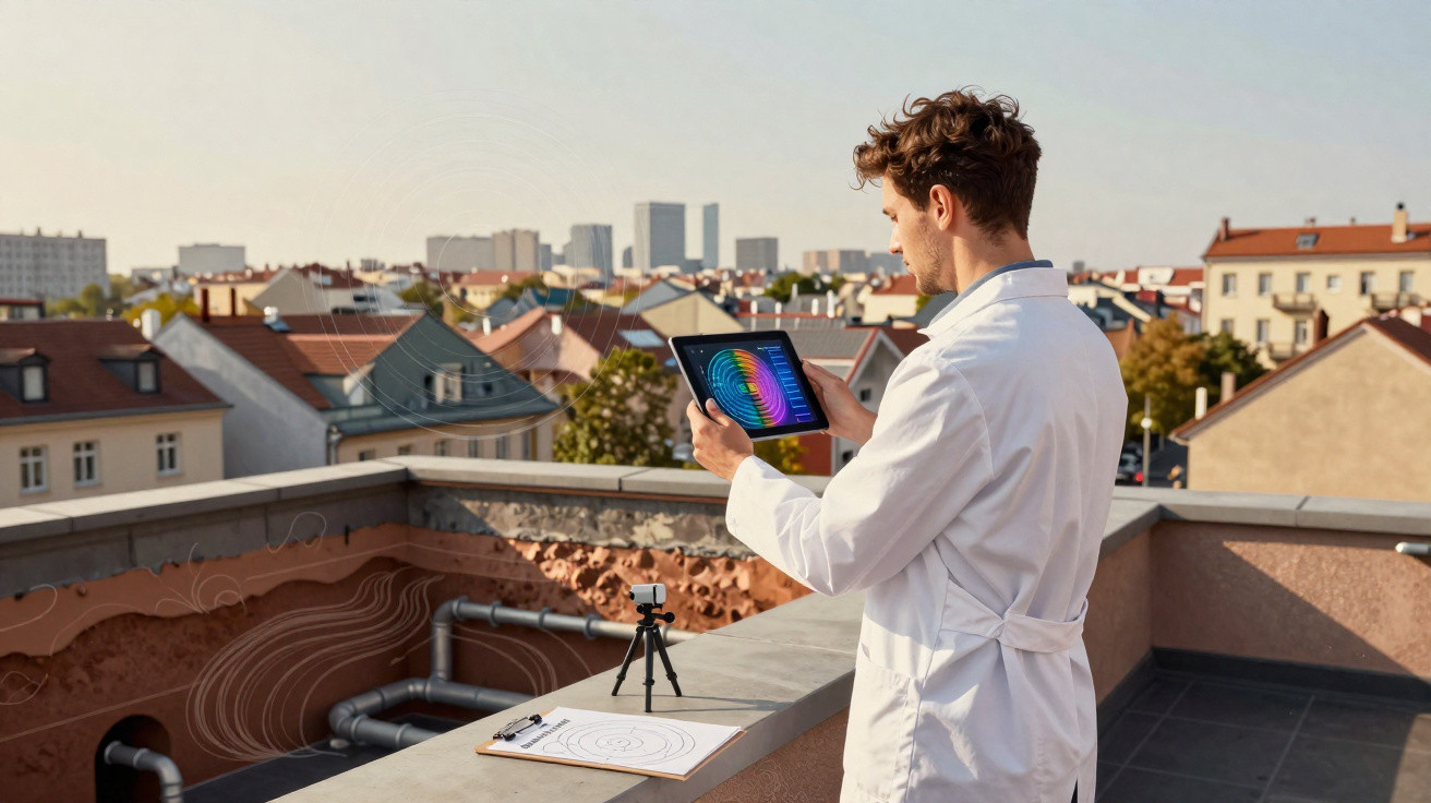 Cientista com bata branca usa tablet num terraço urbano com gráficos coloridos na tela e equipamentos científicos.