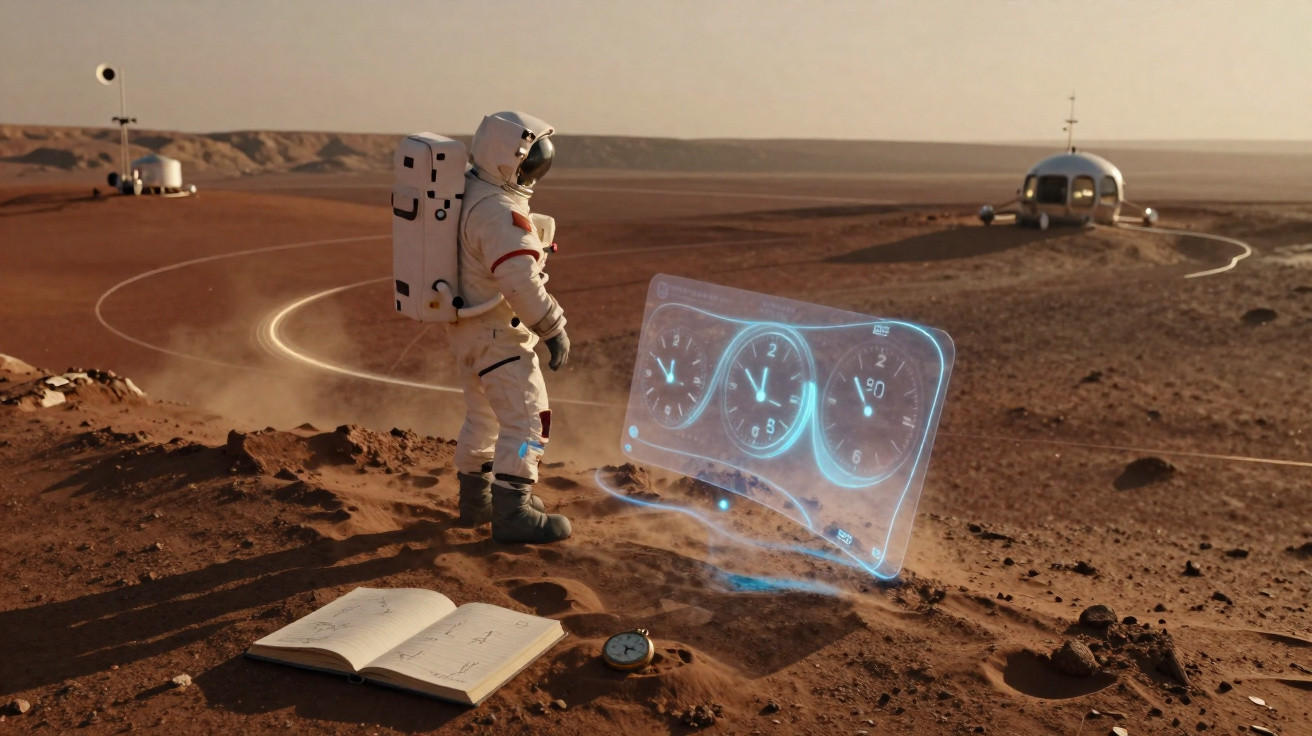 Astronauta em fato espacial observa holograma de relógios num planeta árido com equipamentos e caderno no chão.