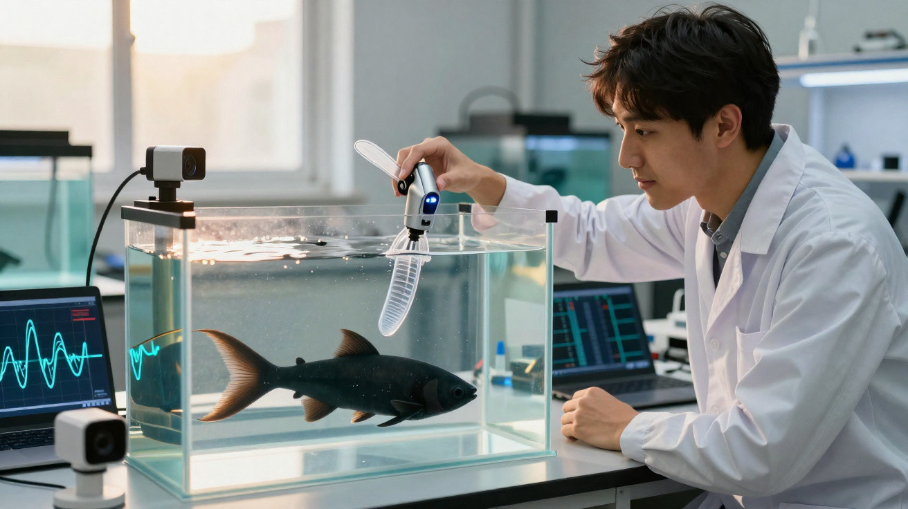 Cientista em laboratório a estudar peixe num aquário com equipamento tecnológico.
