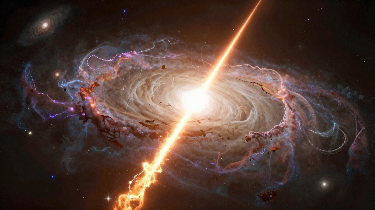 Explosão cósmica emitindo jato luminoso no centro de uma galáxia espiral com nuvens interestelares coloridas.