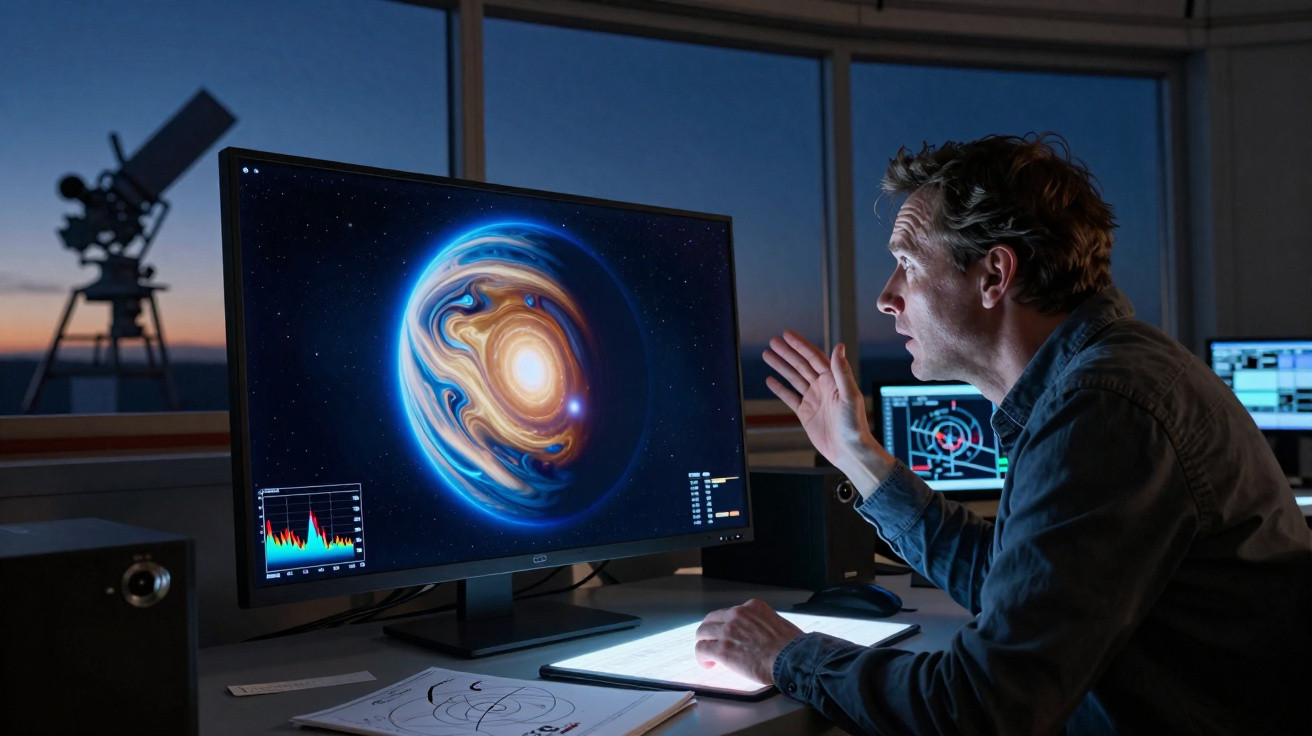 Homem observando e analisando uma imagem digital de planeta colorido numa sala com janelas panorâmicas ao anoitecer.