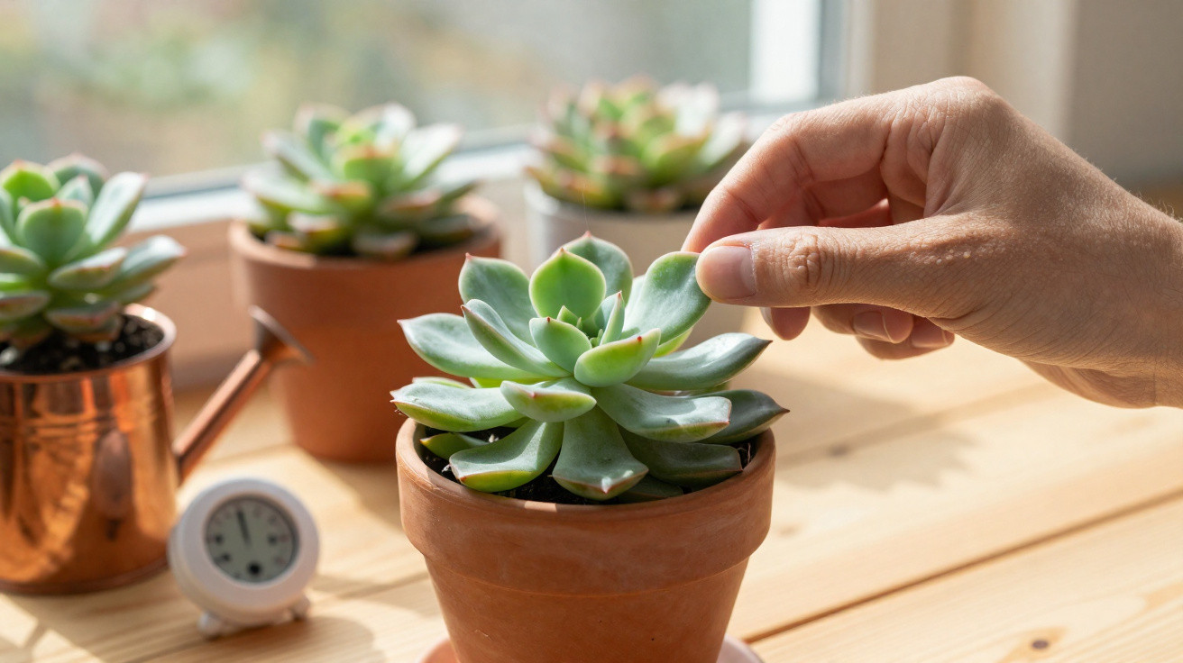 Mão a cuidar de suculenta em vaso de barro junto a outras plantas numa janela luminosa.