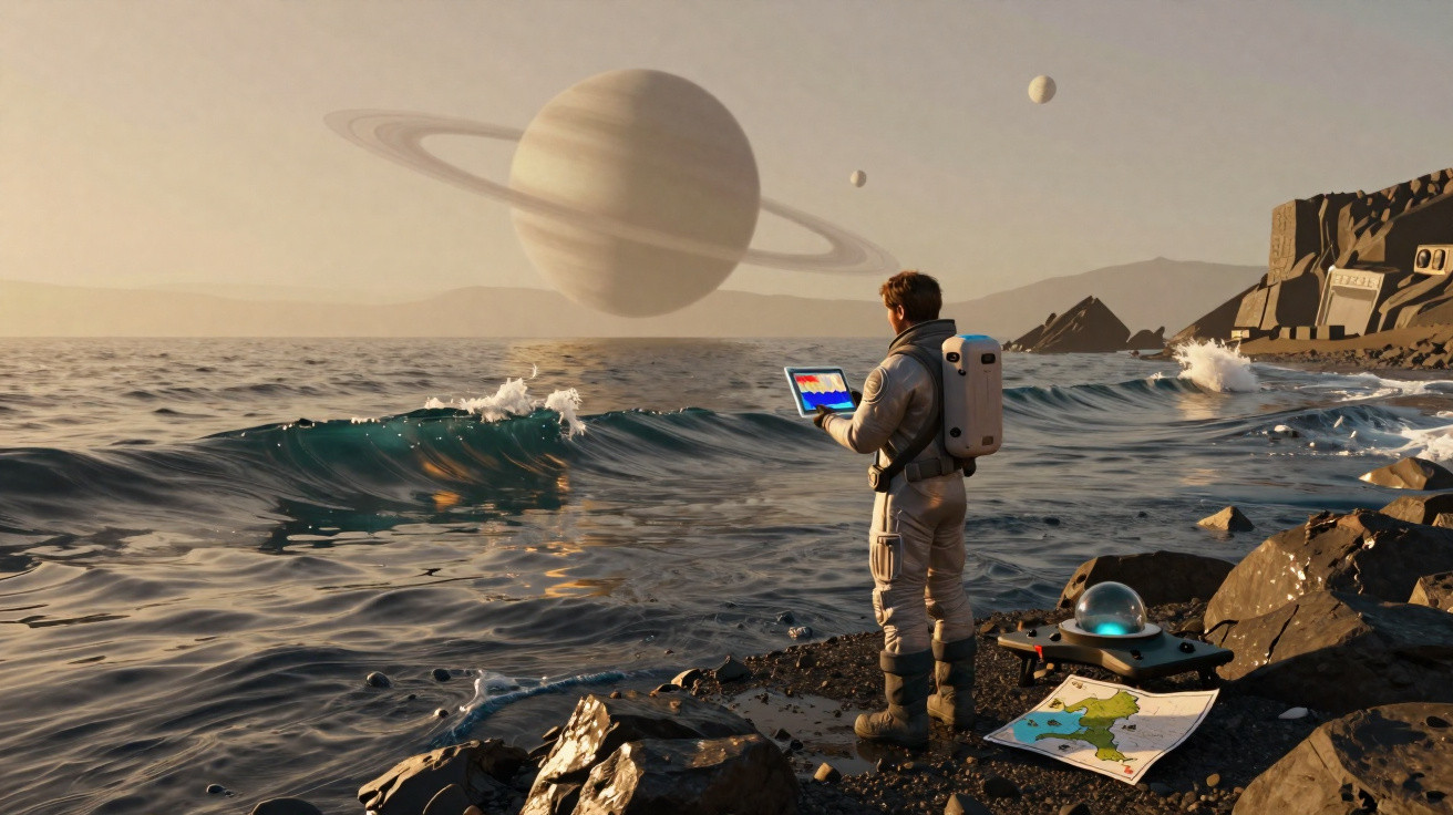 Astronauta com tablet numa praia alienígena observa planeta anelado no horizonte entre rochas e mares.
