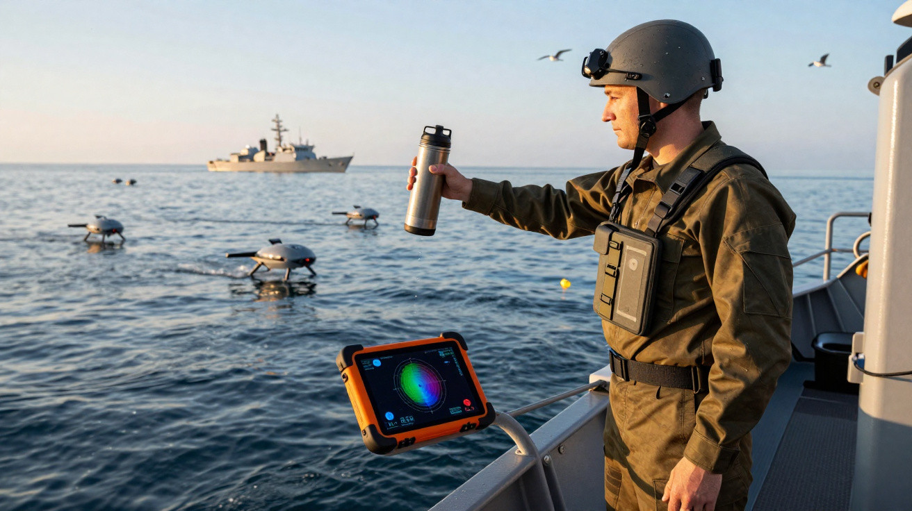 Militar com equipamento tecnológico numa embarcação marítima, acompanhando drones flutuantes no mar.