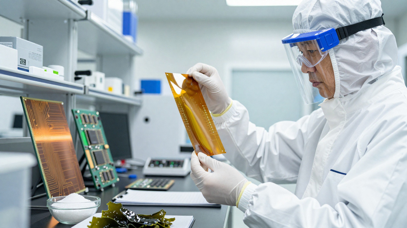 Técnico em laboratório com bata e proteção a examinar material tecnológico transparente numa bancada.