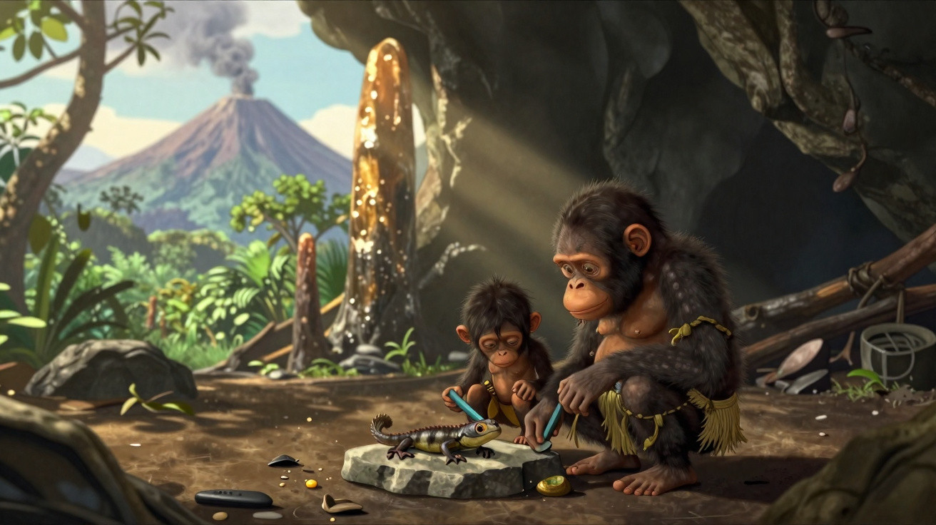 Dois macacos pré-históricos a observar um lagarto numa caverna com vulcão em erupção ao fundo.