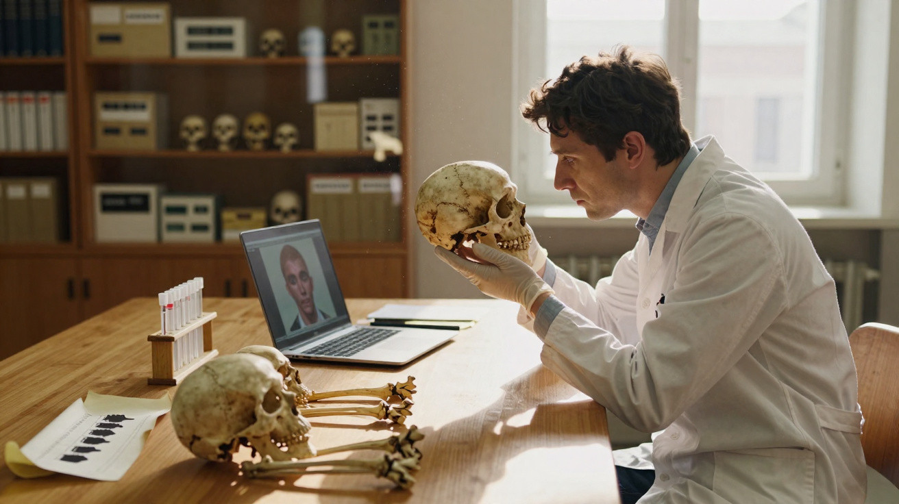 Cientista analisa crânio humano ao lado de laptop com exame facial e outros ossos numa sala de laboratório.
