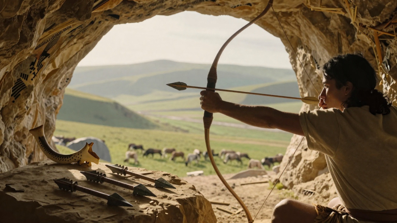 Pessoa dentro de uma gruta apontando arco e flecha para o exterior com animais no campo ao fundo.