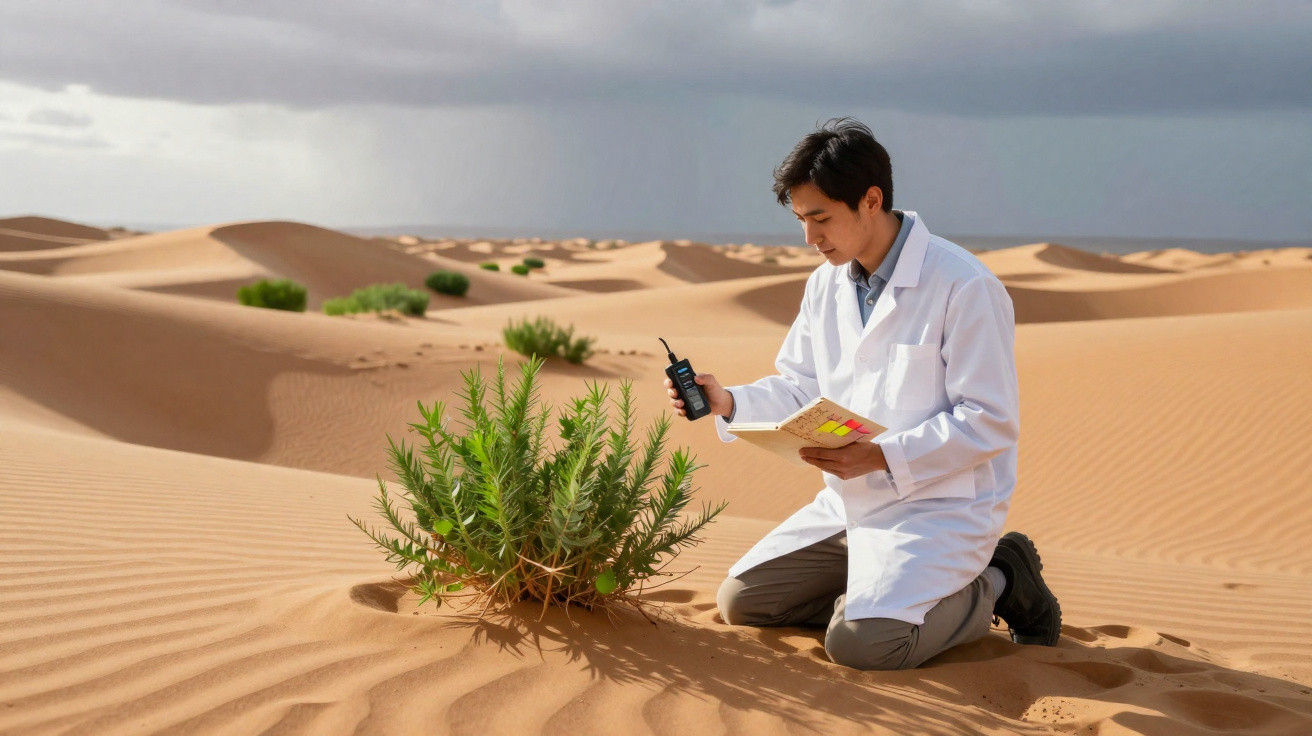 Cientista em bata branca examina planta no deserto com comunicador e caderno, céu nublado ao fundo.