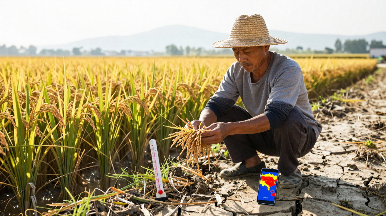 Homem com chapéu de palha observa planta de arroz numa plantação seca com solo rachado e medidor de temperatura.