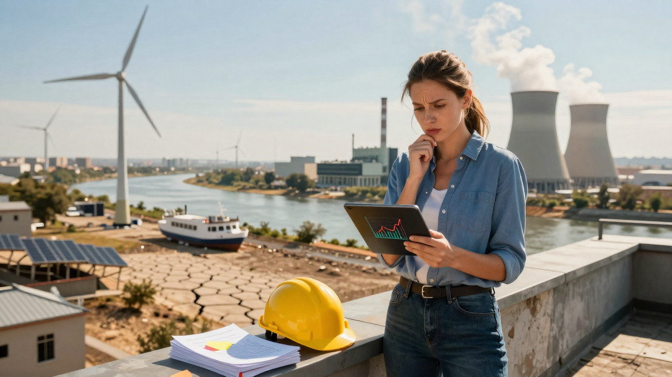 Engenheira revista dados num tablet com turbinas eólicas e central nuclear ao fundo.