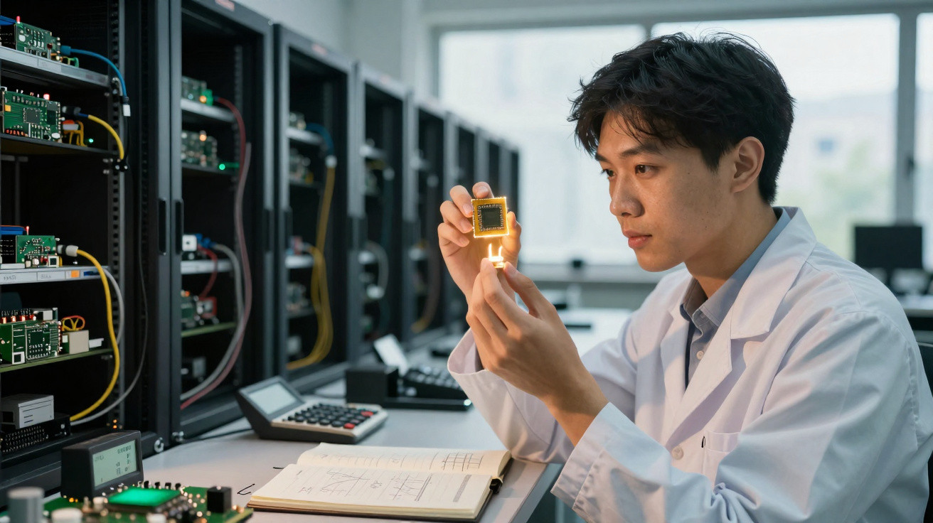 Homem numa sala de laboratório a examinar um microchip, rodeado por equipamentos eletrónicos e anotações.