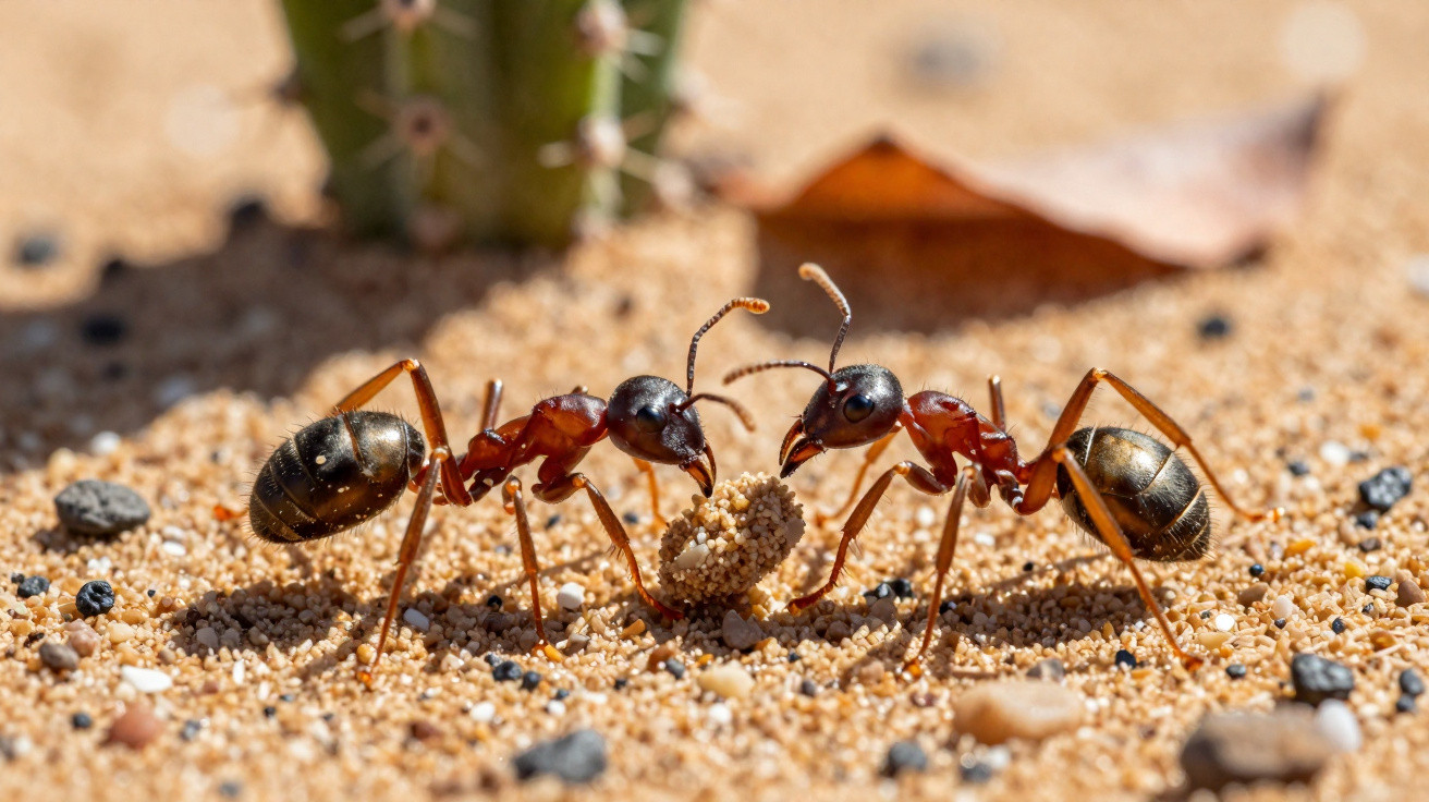 Duas formigas em areia carregam juntas um grão de terra num ambiente desértico.