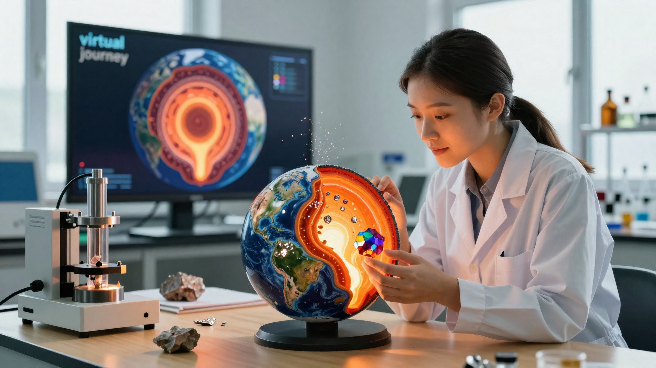 Mulher cientista em laboratório interage com um modelo 3D da Terra e o seu interior geológico.