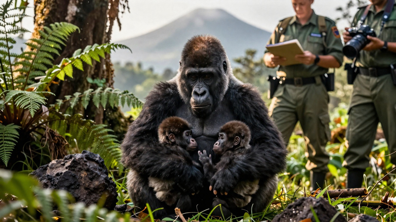 Gorila adulto abraça dois filhotes na natureza com montanha ao fundo e guardas florestais observando.