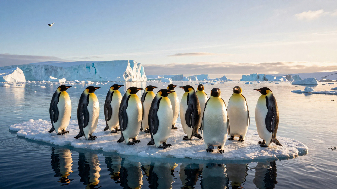 Grupo de pinguins imperadores sobre placa de gelo com icebergues ao fundo em mar calmo.