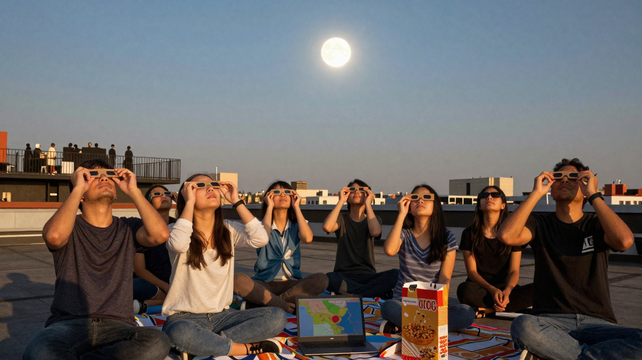 Grupo de pessoas com óculos especiais a observar o eclipse lunar durante a noite numa cobertura urbana.