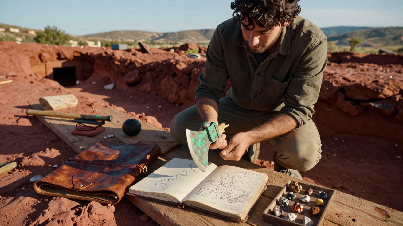 Homem a analisar artefacto arqueológico junto a caderno com mapas e objetos coloridos sobre madeira, em escavação.