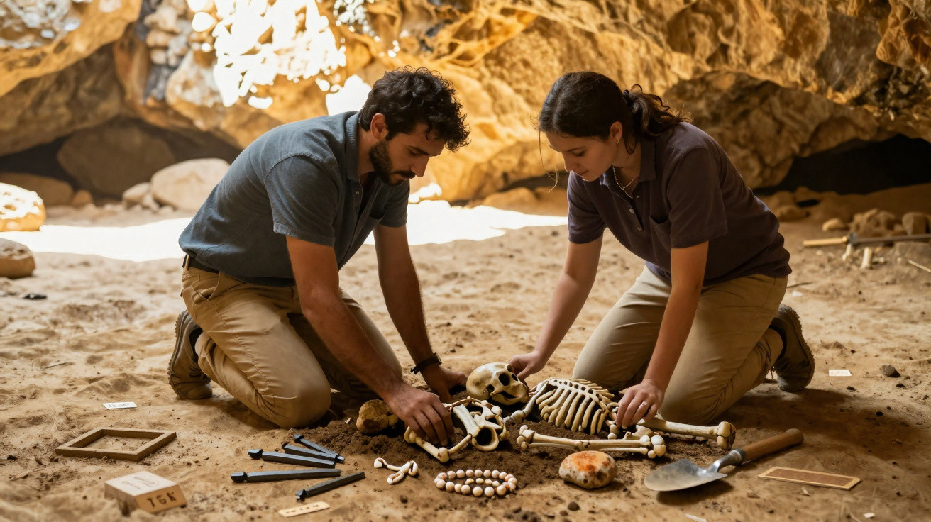 Dois arqueólogos analisam um esqueleto humano descoberto numa escavação dentro de uma caverna.