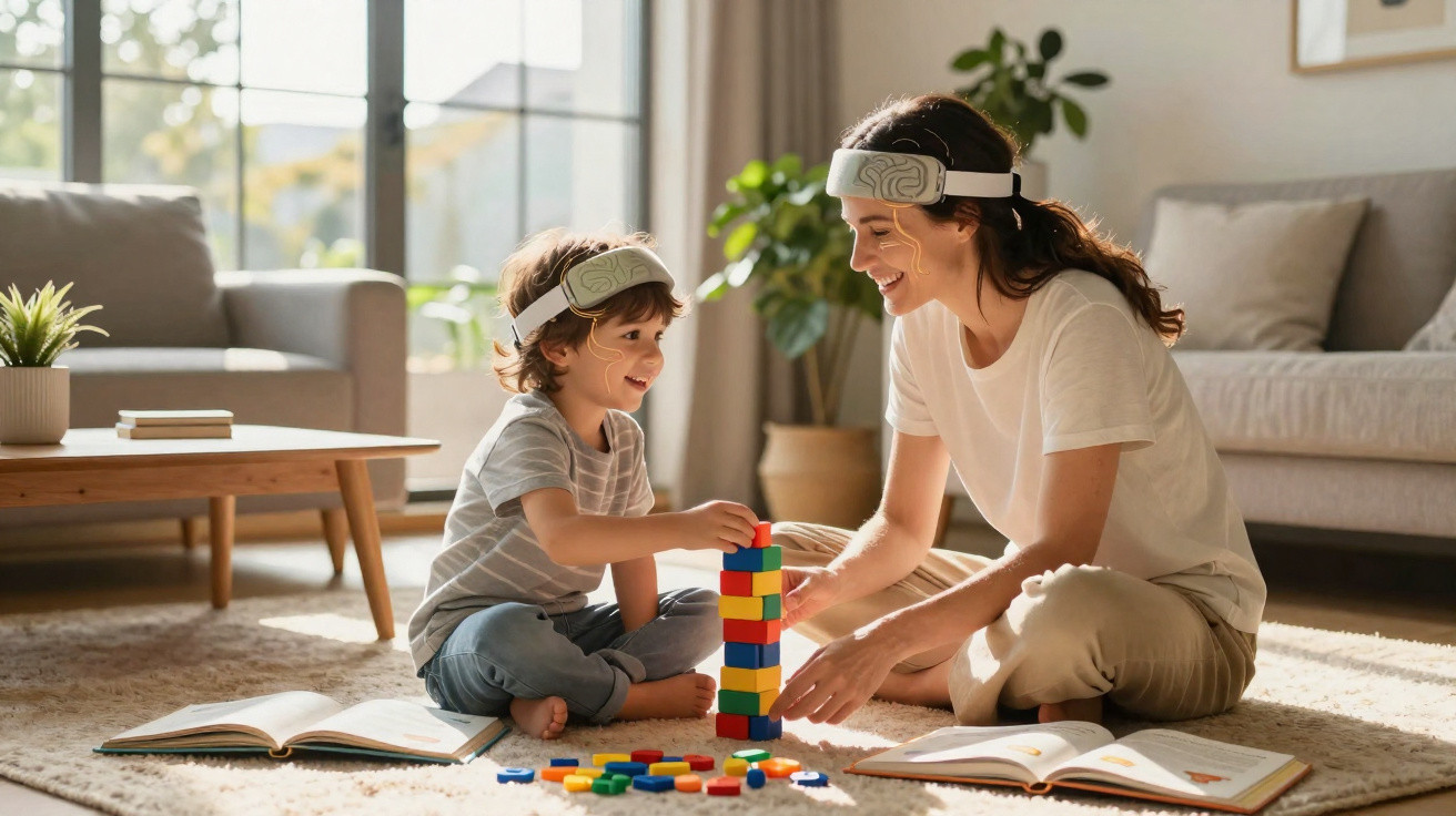 Mãe e filho a jogar com blocos coloridos no chão da sala, ambos com bandanas na cabeça.