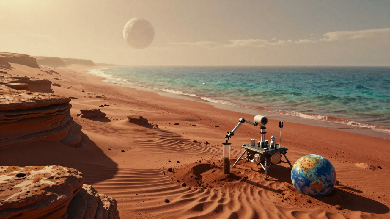 Rover a recolher amostras numa praia alienígena com um globo terrestre e um planeta visível no céu.