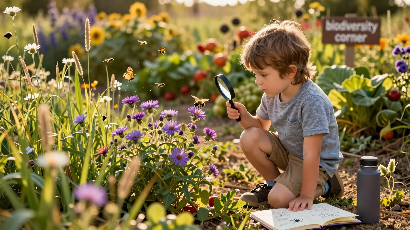 Criança observa borboletas e flores com lupa num jardim colorido, sentada no chão junto a caderno aberto.