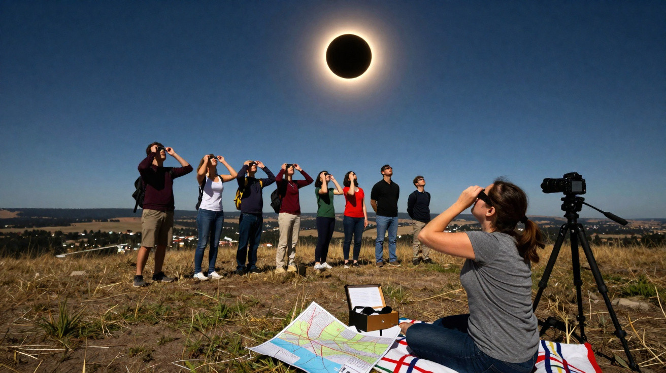 Grupo de pessoas a observar eclipse solar total com óculos escuros num campo aberto.