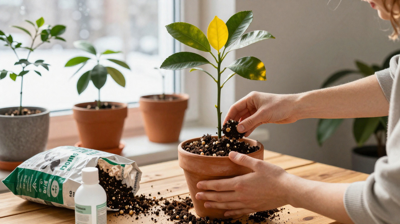Pessoa a plantar muda numa planta em vaso de barro numa mesa junto à janela, com terra espalhada.