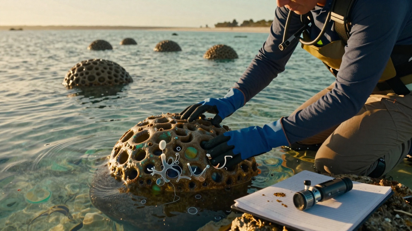 Pesquisador em equipamento de mergulho a examinar colónias artificiais de corais no mar raso.