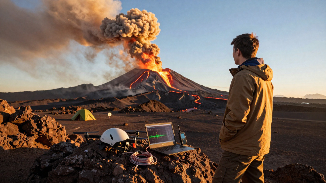 Pessoa observa erupção vulcânica com equipamento de monitorização num terreno rochoso ao pôr do sol.