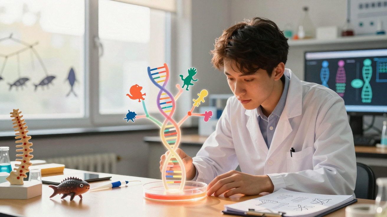 Cientista jovem em laboratório com holograma de DNA e figuras animais coloridas numa placa de Petri.