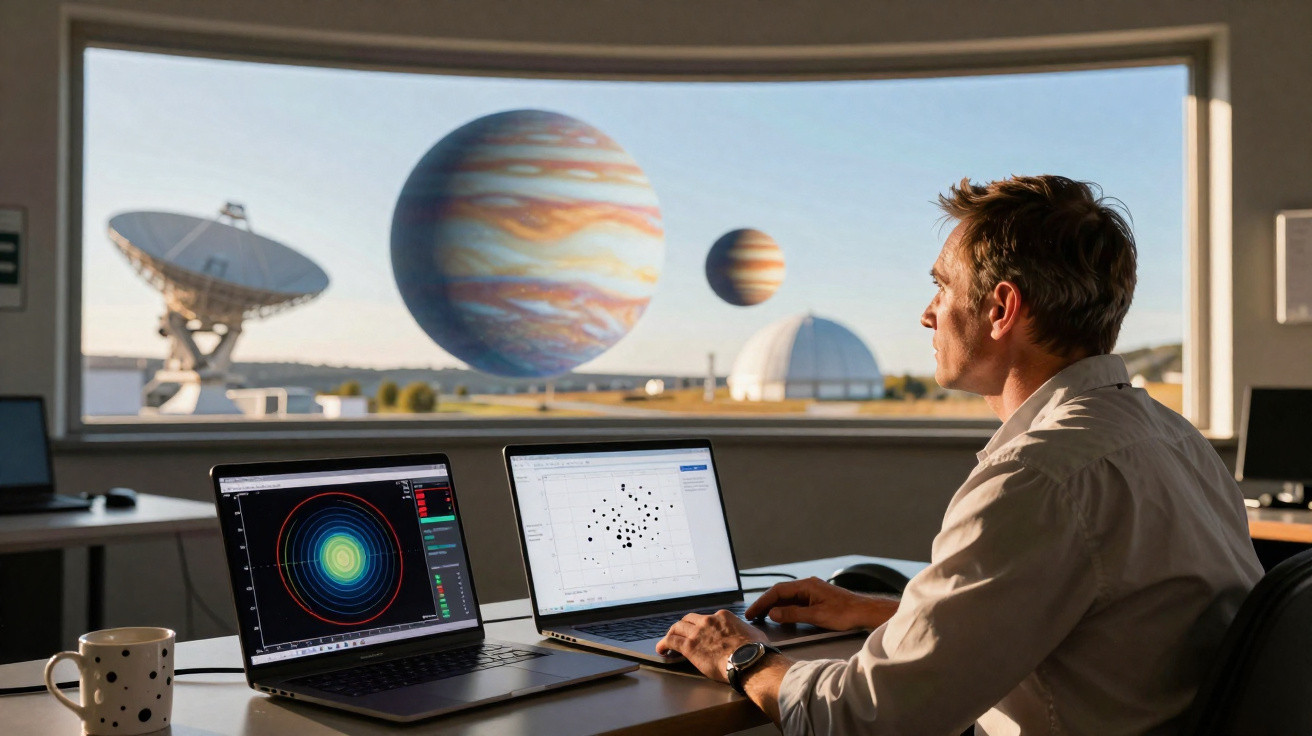 Homem a trabalhar num laboratório com gráficos em dois portáteis e planetas visíveis através da janela.
