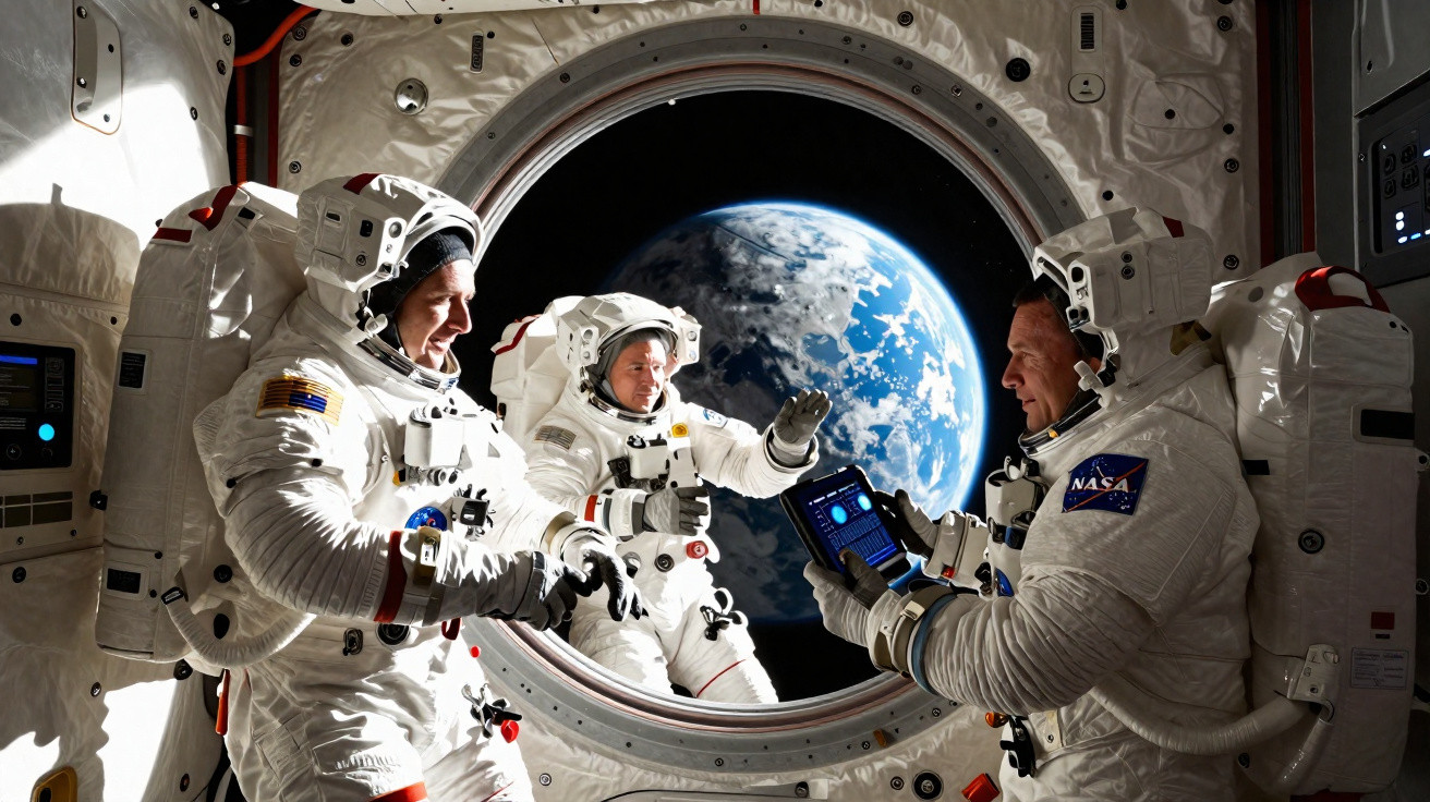 Três astronautas com fatos espaciais dentro de uma estação espacial, com a Terra visível pela janela redonda.