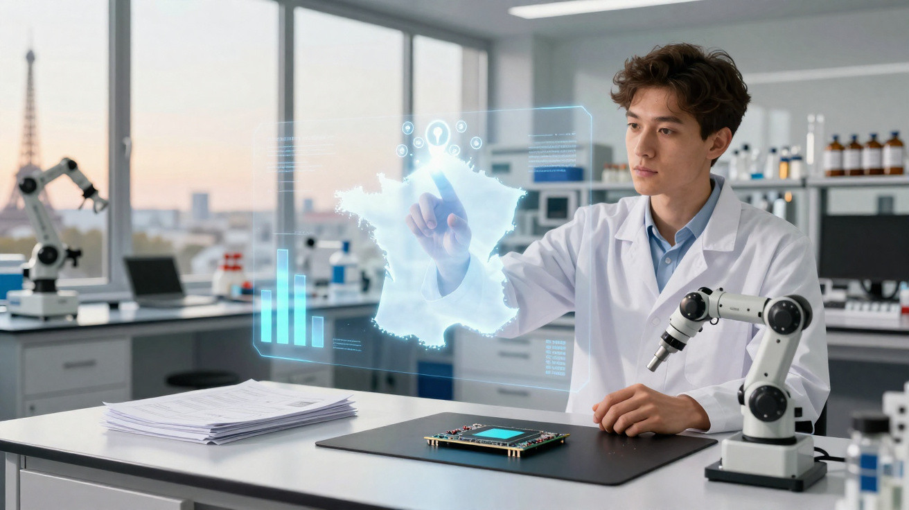 Cientista num laboratório manipula holograma digital de dados e mapa tecnológico numa mesa com robot.