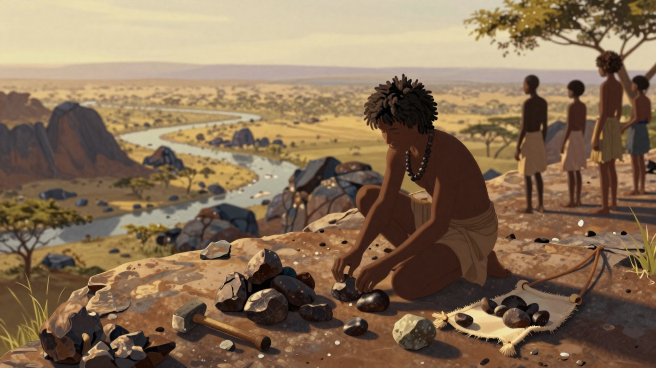 Jovem pré-histórico a trabalhar com pedras numa paisagem africana com rio e outras pessoas ao fundo.
