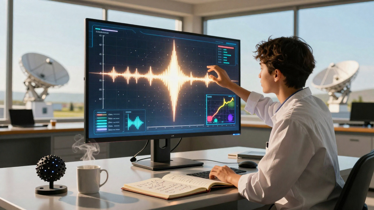 Pessoa a analisar dados de ondas sonoras e gráficos num ecrã de computador numa sala com antenas parabólicas.