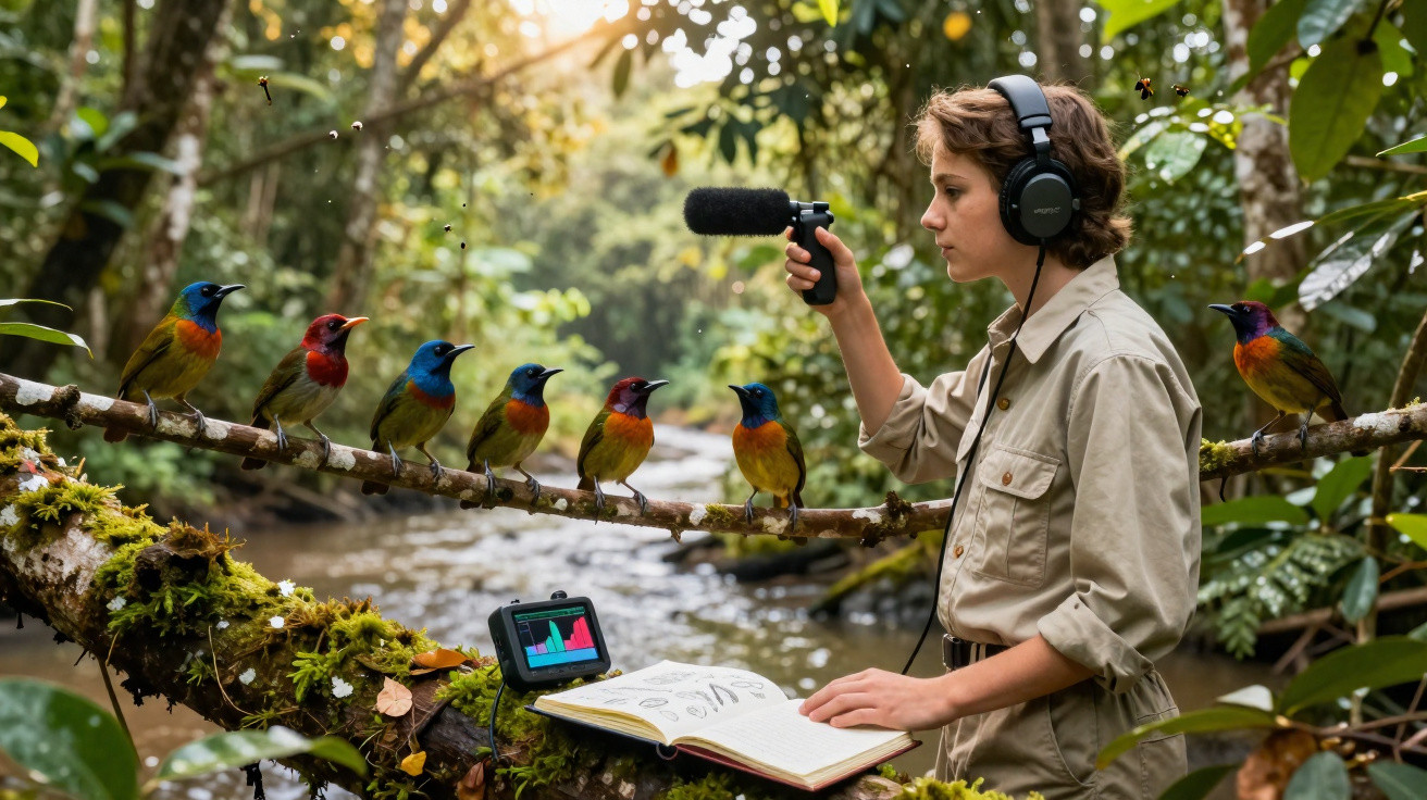Mulher grava sons de pássaros coloridos numa floresta tropical perto de um riacho, com caderno e monitor.