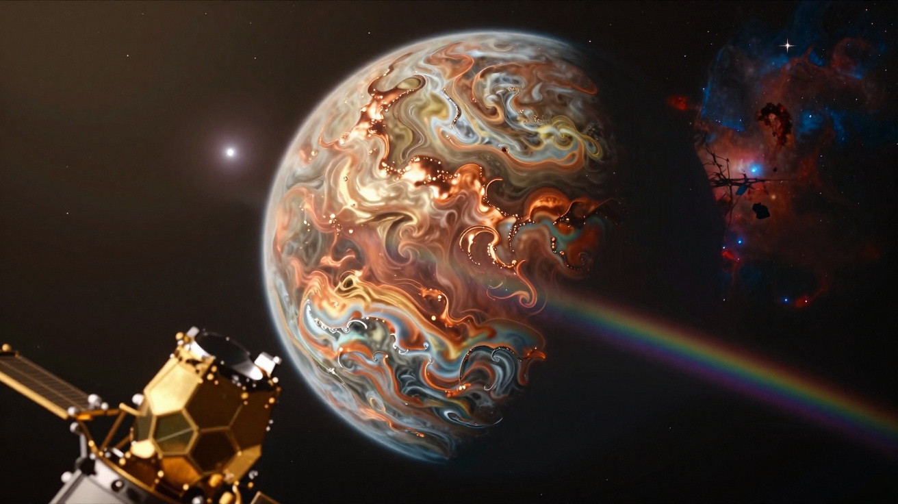 Planeta colorido com padrões abstratos, arco-íris e nave espacial em fundo estelar escuro.