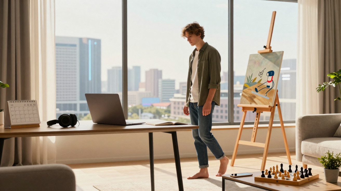 Jovem descalço em sala iluminada, com laptop, quadro de pintura, tabuleiro de xadrez e vista urbana.