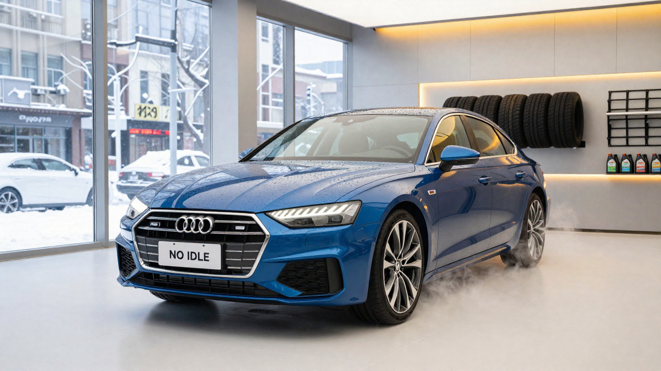 Carro Audi azul estacionado numa oficina moderna com pneus e produtos automóveis na parede.