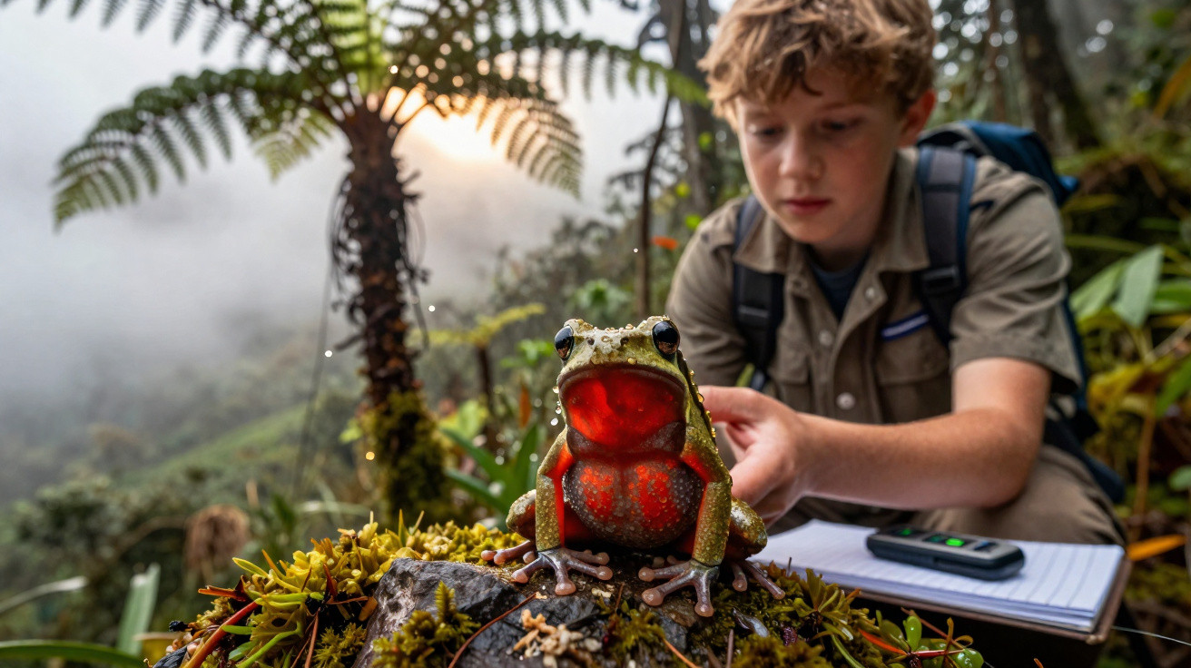 Rã vermelha com jovem biólogo a observar e anotar dados numa floresta húmida e nebulosa.