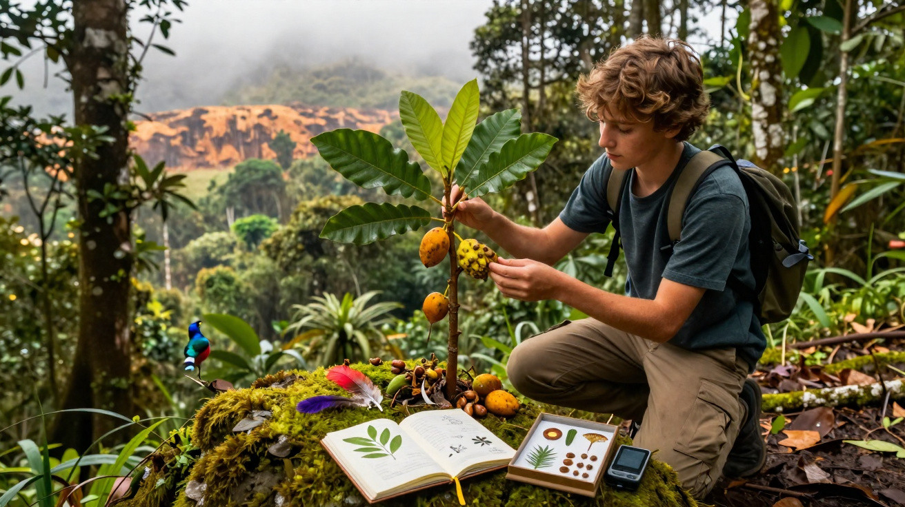 Jovem examina frutos numa floresta tropical com livros e equipamento de pesquisa sobre a natureza.