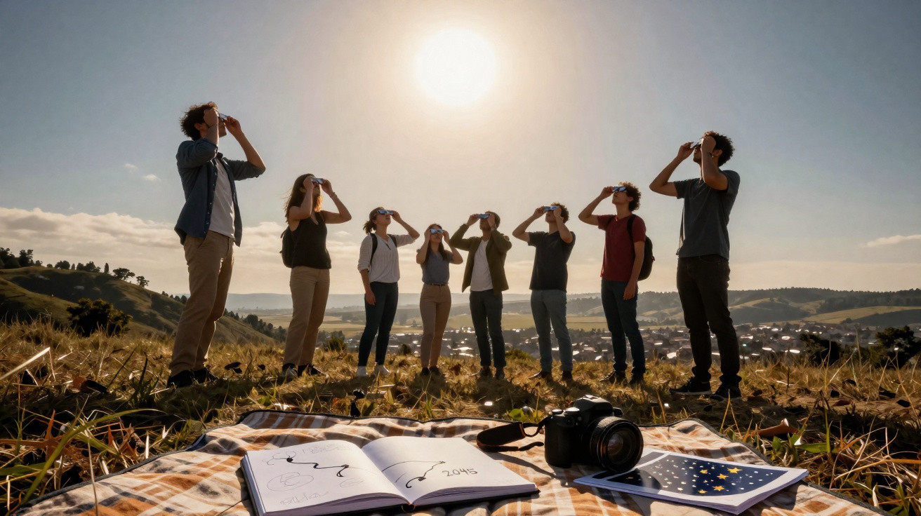 Grupo de pessoas num campo a observar o sol com óculos de proteção, com material de observação no chão.